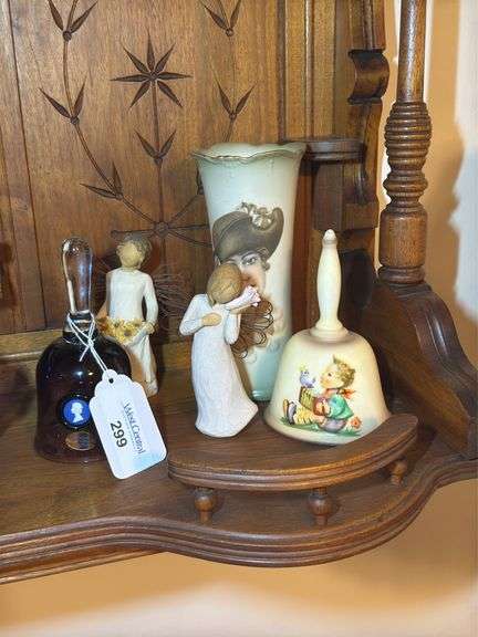 Assorted Home Decor Collectibles: Willow Tree Figurines, Wedgwood Bell, and More image
