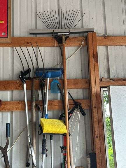 Assorted Lawn and Garden Tools - Rake, Pitchfork, Brush, and More image