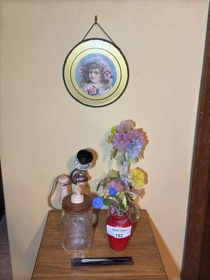 Collection of Decorative Items: Plaphone-600 Telephone, Glass Flowers, Butterfly Fan, Jar and Portrait image