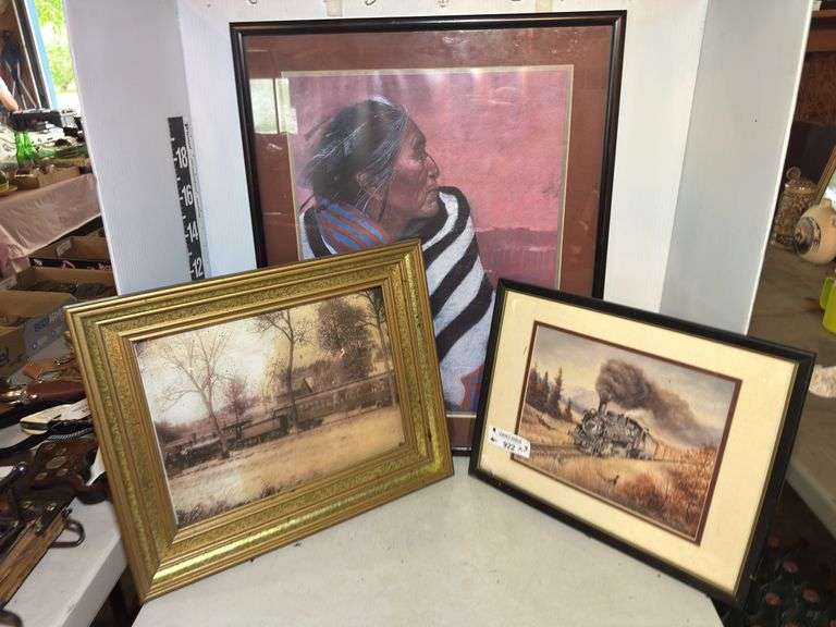 Framed Train and Native American Art Prints - Lot of 3 image