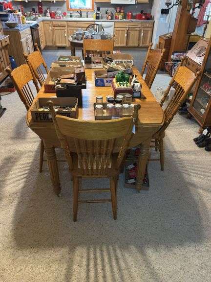 Oak Dining Table with Six Spindle-Back Chairs and extra Leaves TABLE & CHAIRS ONLY image