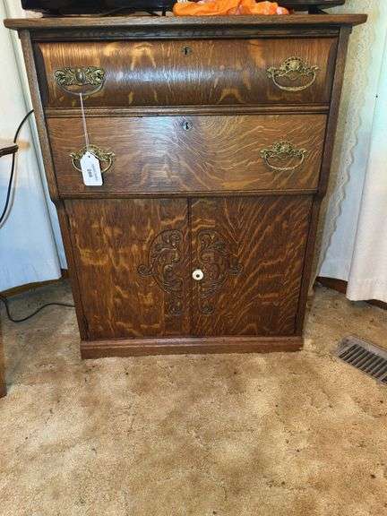 Tiger Oak Dresser Cabinet with Drawers and Carved Doors image