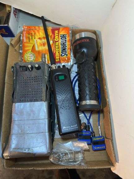 Lot of Midland CB Transceivers, Winchester Flashlight, Hand Warmers, and Mossberg Cable Locks image