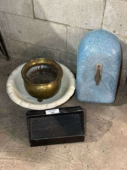 Brass Pot, Blue Enamelware, and Ceramic Wash Basin image