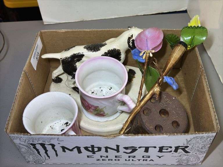 Assorted Collectibles: Dog Figurine, Decorative Glass, Pencil Holder and Floral Mugs image