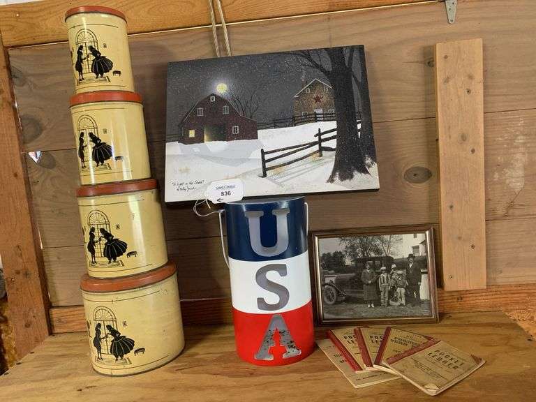 Assorted Collectibles: Tins, Painting, Photo, USA Planter, and Ledgers image