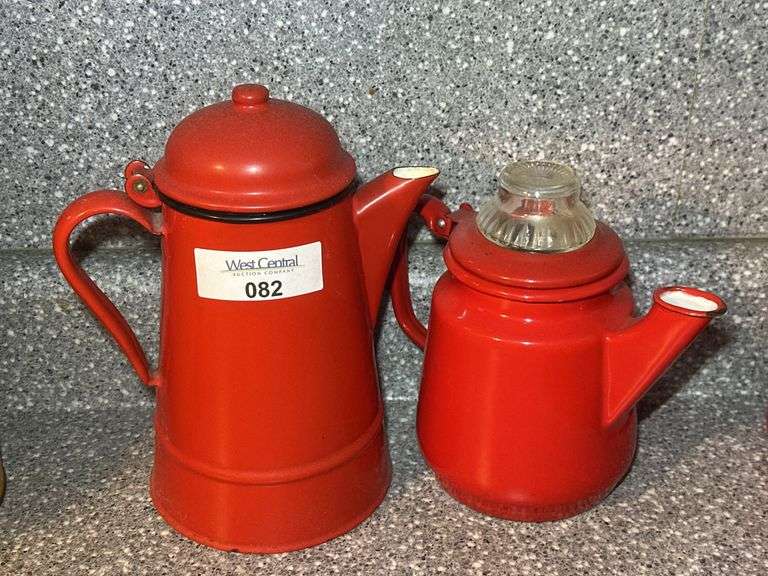 Two Red Enamelware Coffee Pots image