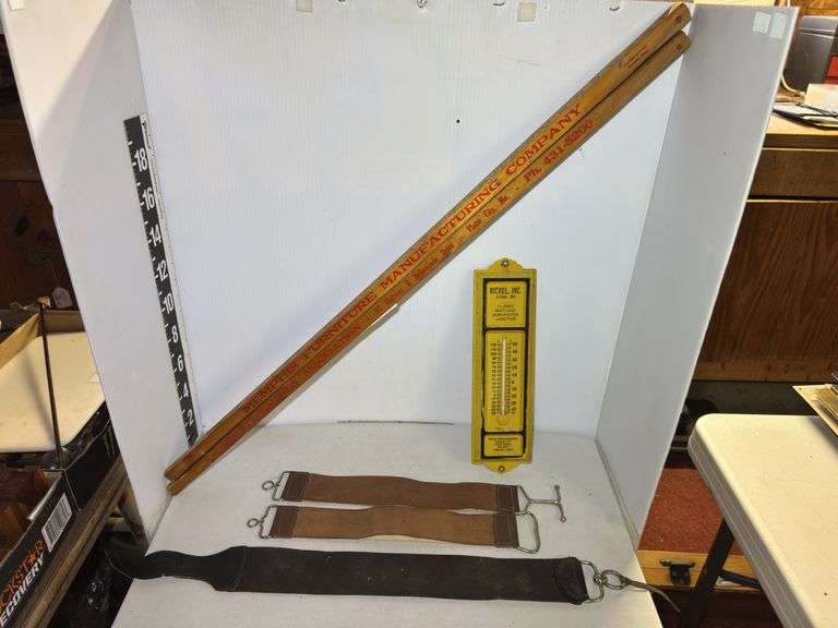Memphis Furniture Manufacturing Ruler, Rickel Inc. Thermometer, Razor Sharpening Stropping Straps image