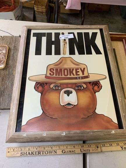 Framed Smokey Bear "Think" Print, Signed "Child and Cat" Art, Texas Rangers Photo & Assorted Goods image