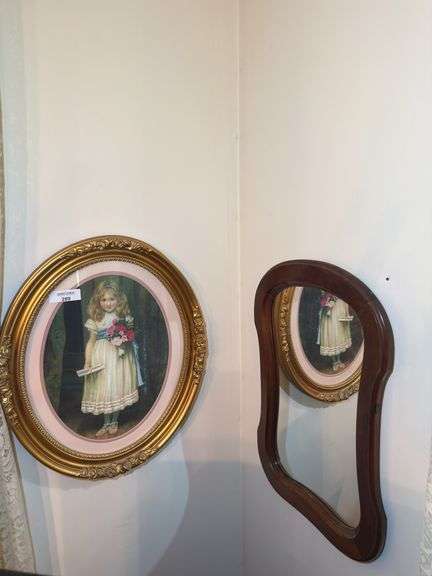 Framed Girl Portrait Print and Ornate Wood Framed Mirror image