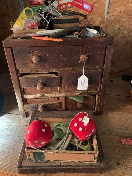 Small Wooden Drawer Unit Filled with Hardware & Fuzzy Dice image