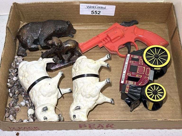 Mixed Lot: Metal Bear, Wells Fargo Bank Stagecoach Coin Bank, Toy Gun, Sheep Figurines image