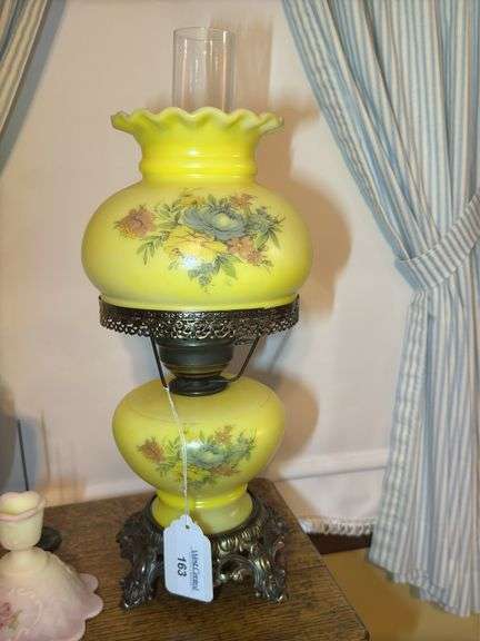 Floral Yellow Glass Parlor Lamp with Metal Base image