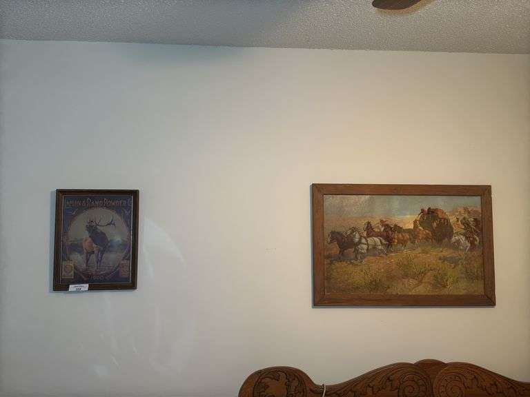 Framed O.E. Berninghaus Style Stagecoach Print and Laflin & Rand Powder Co. Elk Print image