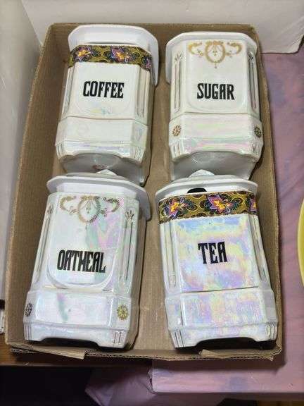 Set of Four White Porcelain Canisters: Coffee, Sugar, Tea, Oatmeal image