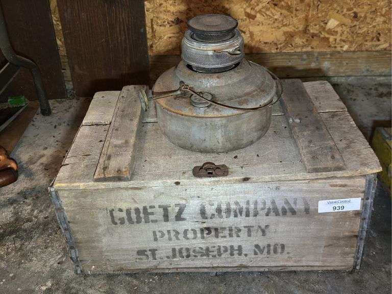 Perfection No. 500 Wick Oil Heater & Goetz Company Crate with Bottles image