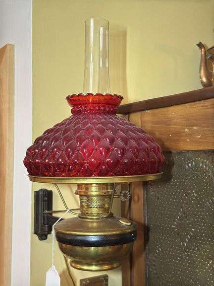 Aladdin Wall Mount Kerosene Style Electric Lamp with Red Glass Shade image