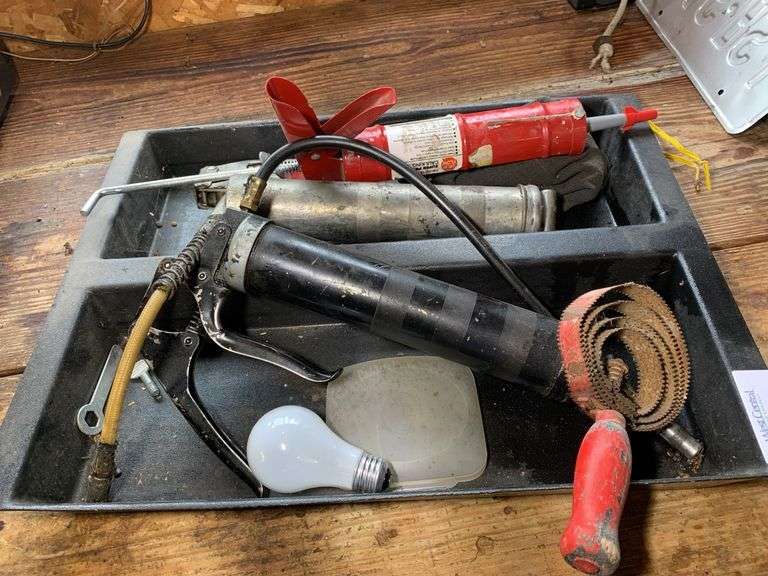 Lot of Assorted Grease Guns and Hole Saw image