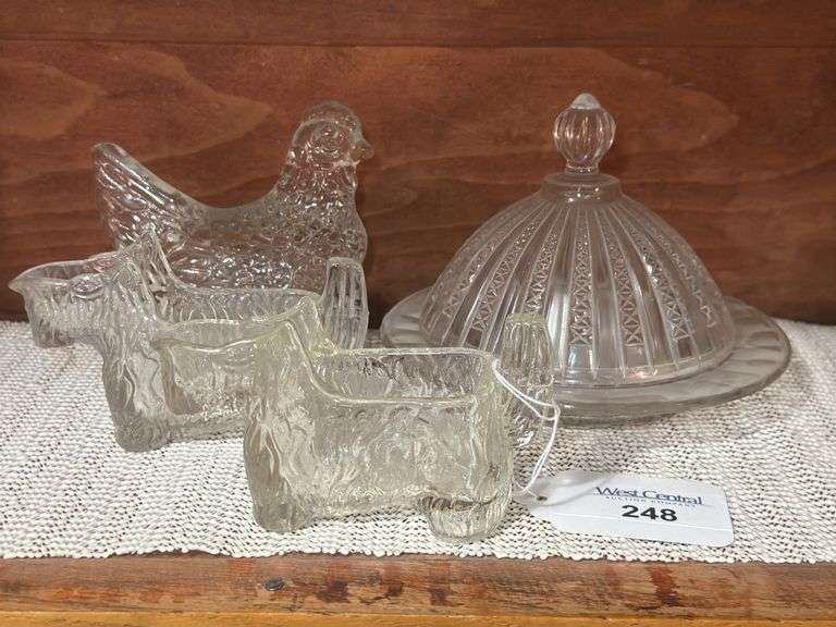 Assorted Clear Glassware: Chicken, Scottie Dog, and Butter Dish image