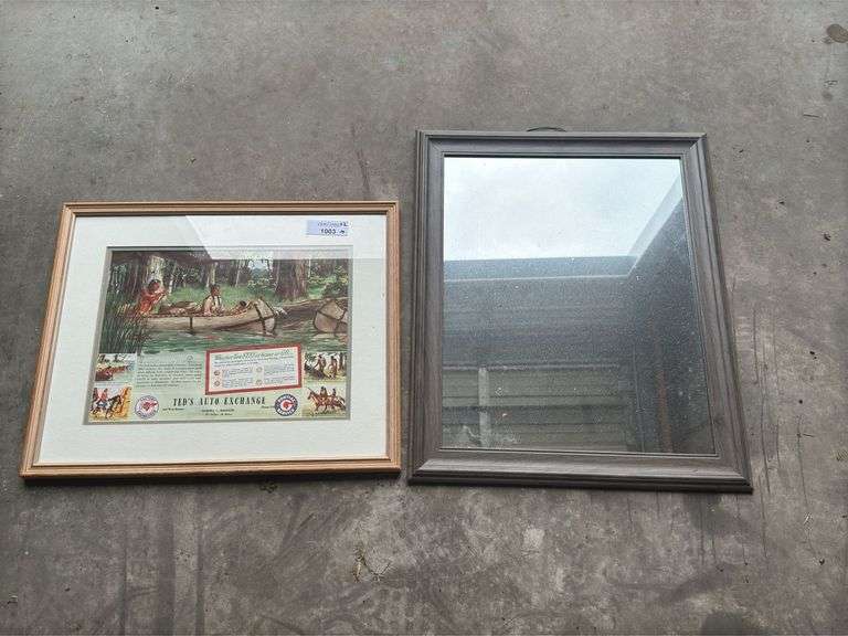 Framed Ted's Auto Exchange Advertisement & Beveled Wall Mirror image