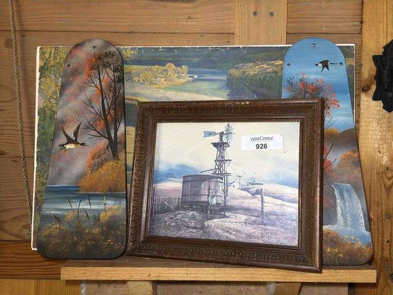 Assorted Wall Art: Framed Windmill Print, Train Scene Lithograph, and Hand-Painted Duck Fan Blades image