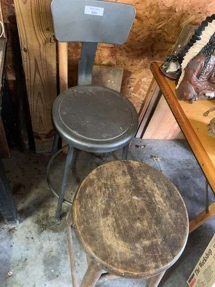 Pair of Stools: Metal Shop Stool & Wooden Stool image