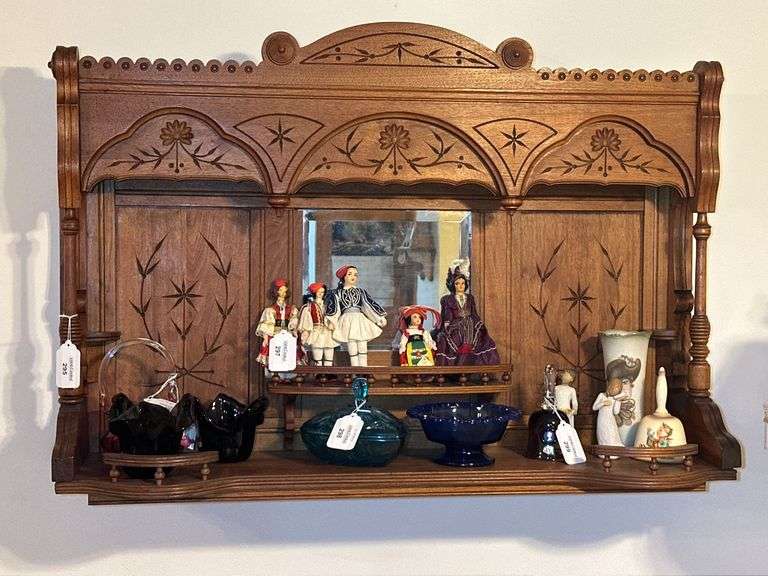 Carved Wooden Shelf with Mirror SHELF w/MIRROR ONLY NO CONTENTS image