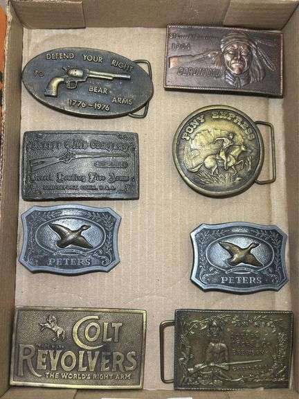 Lot of 8 Collectible Belt Buckles: Colt, Pony Express, Peters, and More image