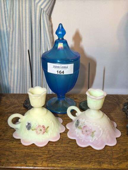 Fenton Handpainted Candlestick Holders and Blue Glass Candy Dish image