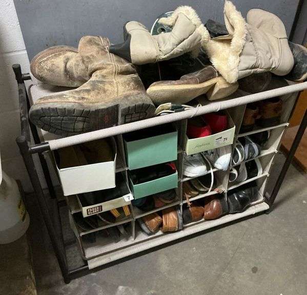 Assorted Footwear Lot - Boots, Shoes, & Storage Rack image