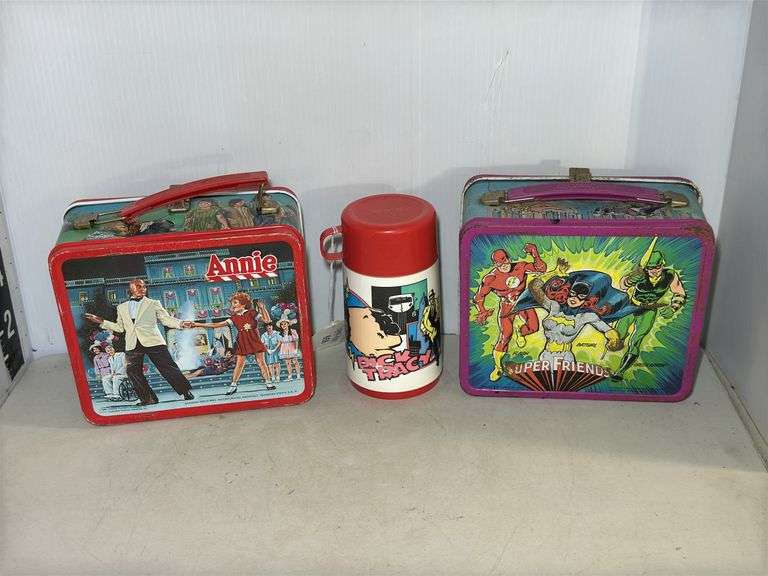 Annie and Super Friends Lunchboxes with Dick Tracy Thermos image