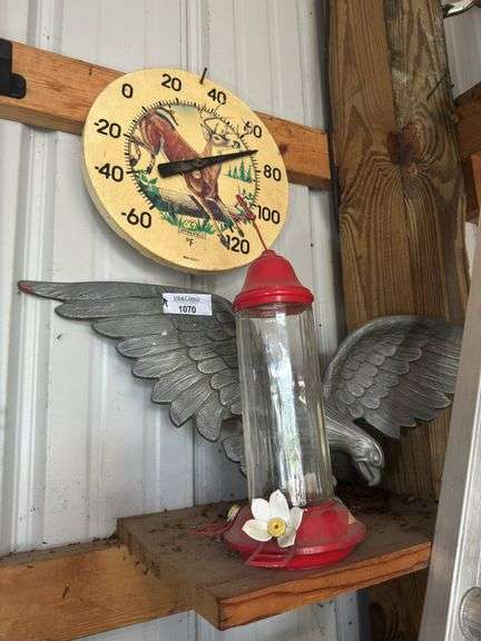Deer Thermometer, Eagle Decoration, and Hummingbird Feeder image