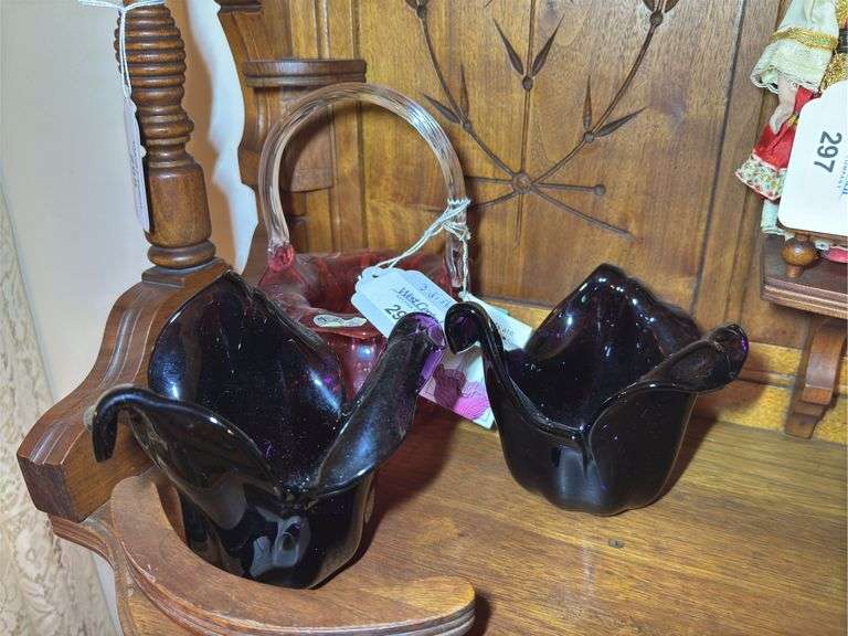 Fenton Rose Bowl Basket and Pair of White Cristal Italian Glass Bowls image