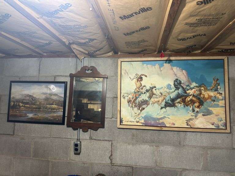 "Indians on Horseback" Print by Joseph Nompaeo, Landscape Print by Leach Awe, and Wood Frame Mirror image