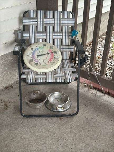 Lawn Chair, Thermometer, Dog Bowls, and Garden Stakes image