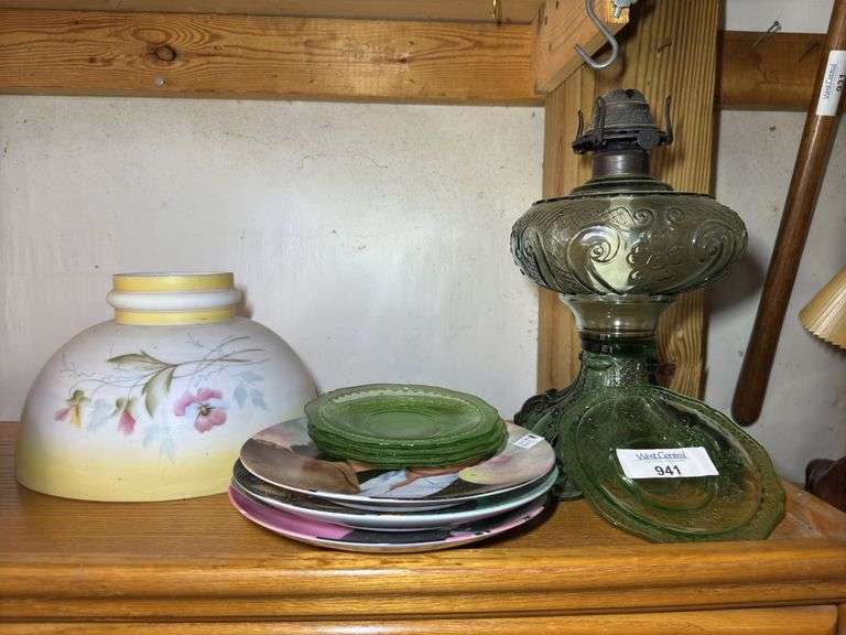 Vintage Green Glass Oil Lamp with Elvis Plates and Lamp Shade image