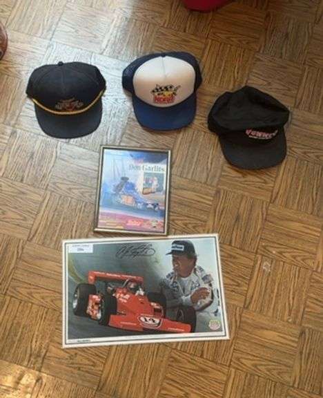Autographed A.J. Foyt Photo, Don Garlits Framed Print, and Racing Hats image