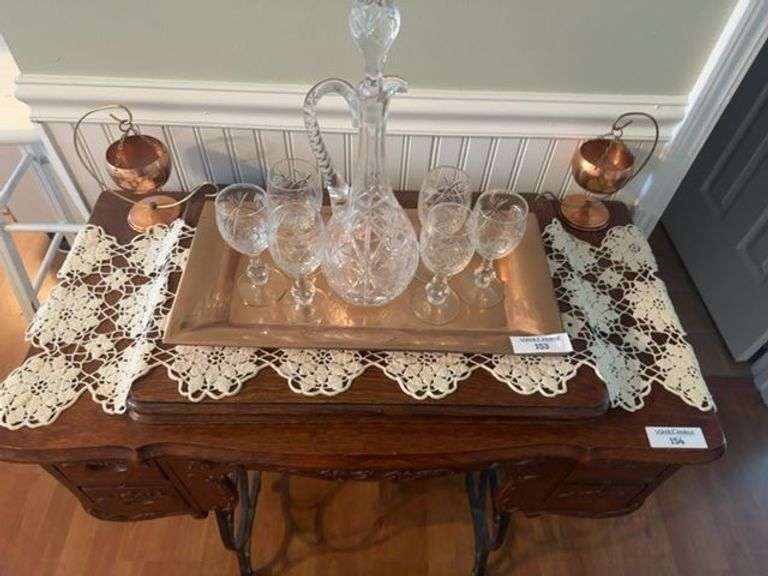 Crystal Decanter, Etched Glasses, Copper Tray and Planters image