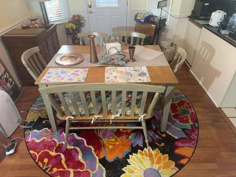 Extendable Dining Table with 4 Chairs, bench, Placemats, and Decor image