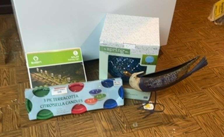 Outdoor Decor Bundle - Solar Lights, Terracotta Candles, and Metal Bird Planter image
