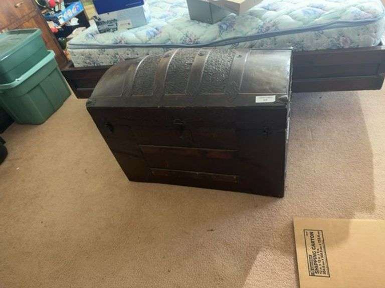 Decorative Metal-Clad Wood Storage Trunk with Fabric Lot image