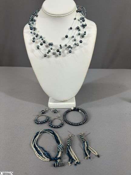 Blue/Silver Bracelet and Earrings Set and a Grey Blue Necklace, Bracelet and 2 Pairs of Earrings Set image
