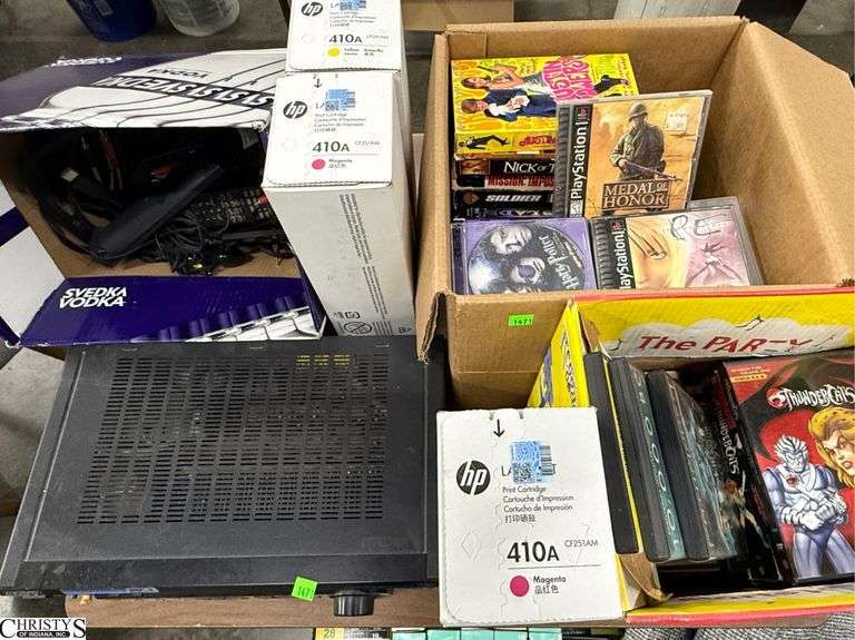 HP Laser 410 Toner, Sony Audio/video control center, VHS Tapes, and DVDs image