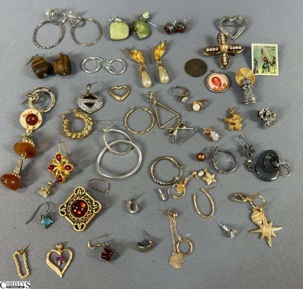 6 Pairs of Earrings and  Misc. Pieces of Single Earrings, Pins and Pendants.  Includes 1 10K Heart Pendant and 1 10K Yellow Gold Earring image