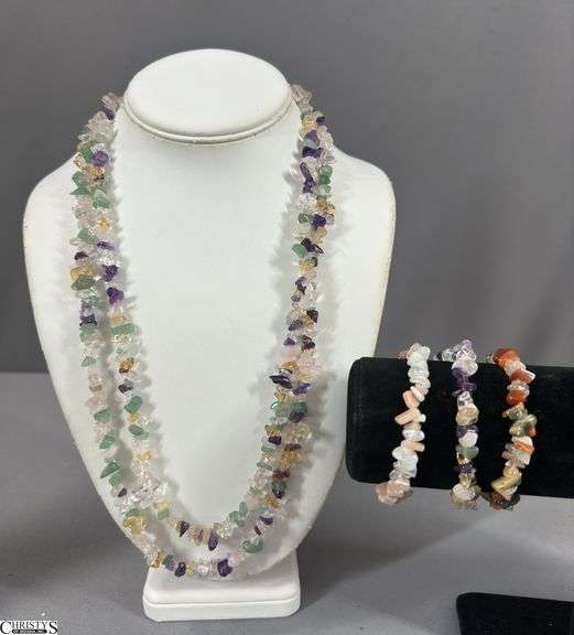 Multi-Color Long Necklace with 3 Matching Bracelets image