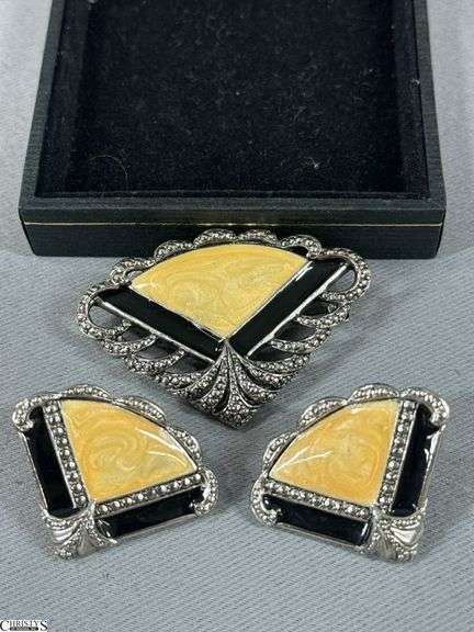 Fan Shaped Brooch and Earring Set image