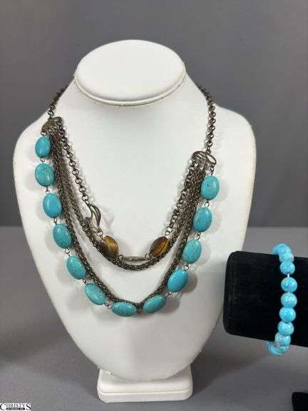 Turquoise Color Beaded Bracelet and Turquoise Stone Necklace in a Turquoise Colored Box image
