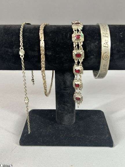 4 Silver Colored Bracelets.  1 Marked 925, 2 need clasp repair image