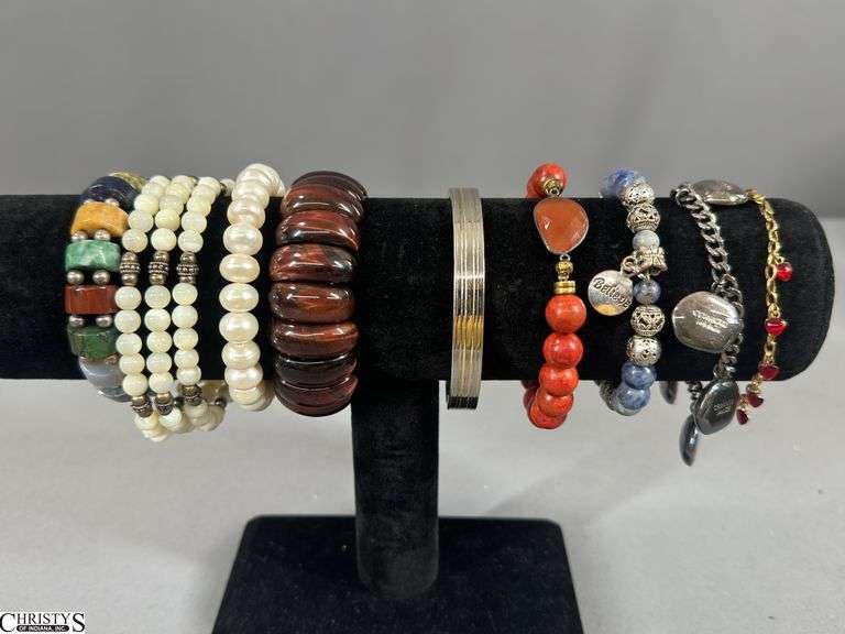 9  Bracelets Including 1 Yellow Gold Marked 10K with Red Hearts image