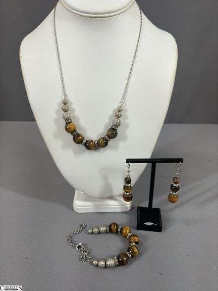 Brown/Silver Beaded Necklace, Earrings and Bracelet Set.  Bracelet needs repair. image
